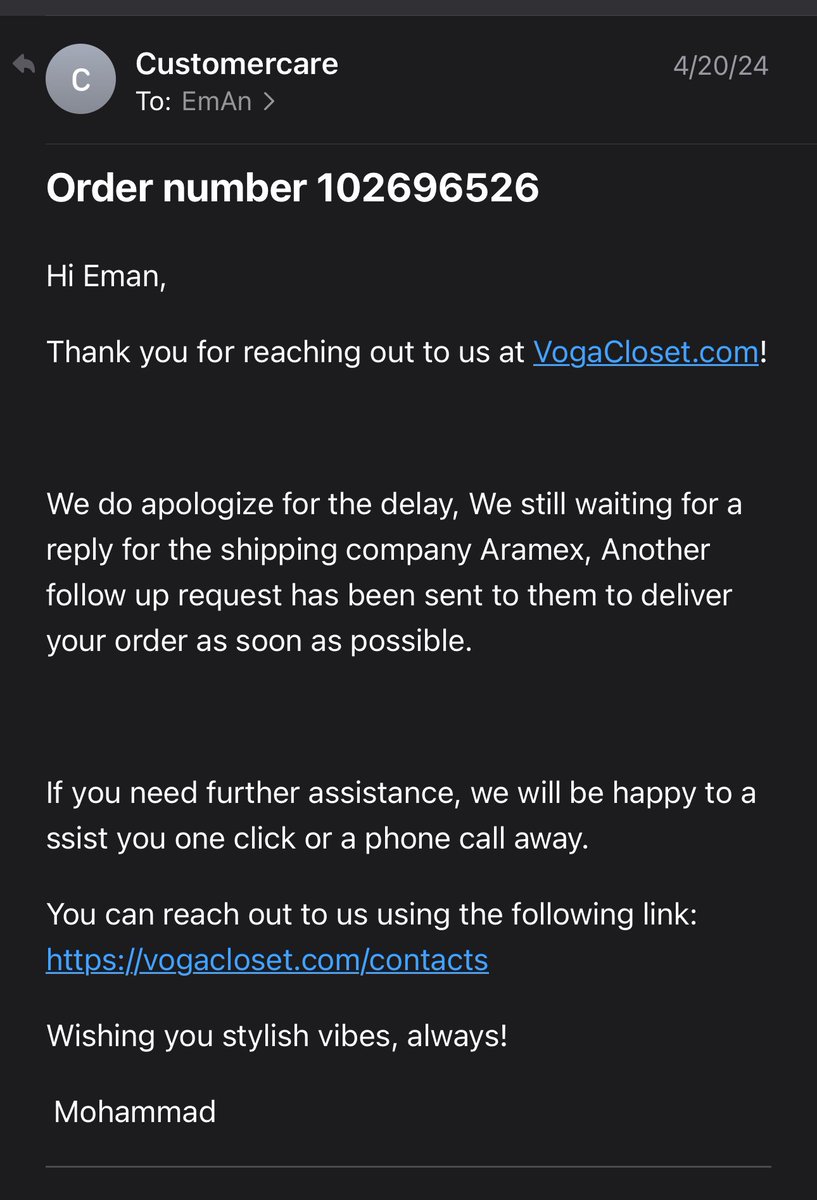 @Aramex @VogaCloset @VogaCloset @Aramex @Aramex_KSA Do you want me to upload more emails with empty promises from your side! Same email going on and on that the problem is with @Aramex @Aramex_KSA company! 
#worstcustomerexperience #poorcustomersupport