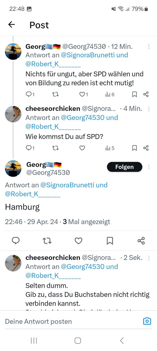 Aaaaand again... Buchstaben richtig verbinden ist scheinbar max.kompliziert. Und dann dumm rausreden. 🤡🫠😂