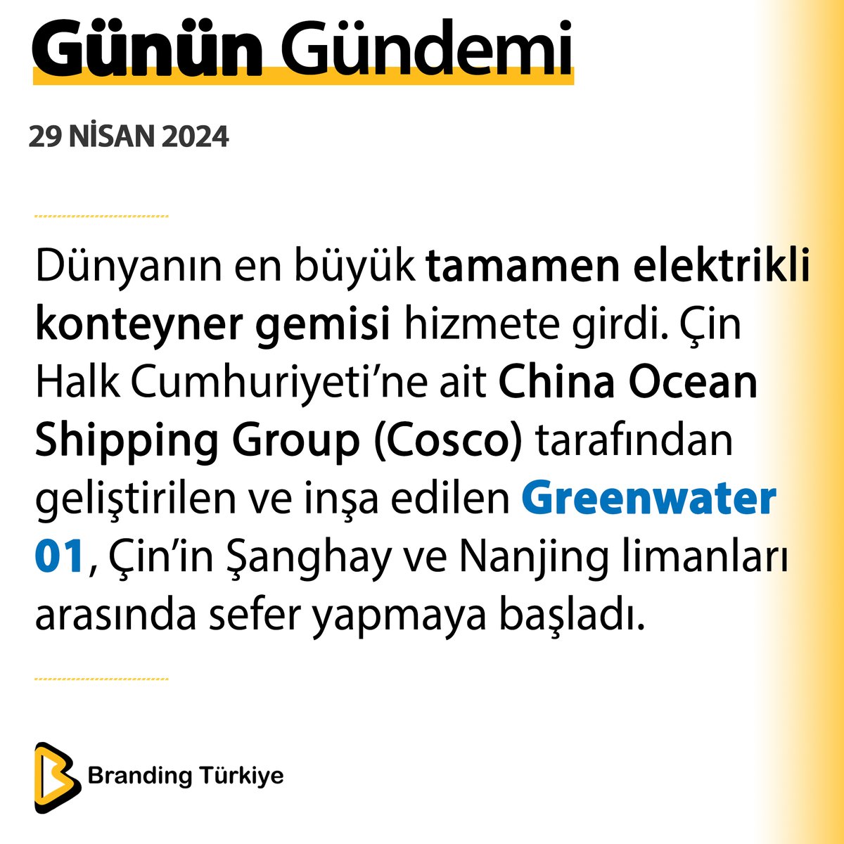 #29Nisan2024 Dünyanın en büyük tamamen elektrikli konteyner gemisi hizmete girdi. ▶ brandingturkiye.com #BrandingTürkiye #Haberler #Çin #ElektrikliGemi #Cosco #Greenwater01 #Şanghay #Denizcilik #Taşımacılık #Lojistik #Sürdürülebilirlik #SonDakika