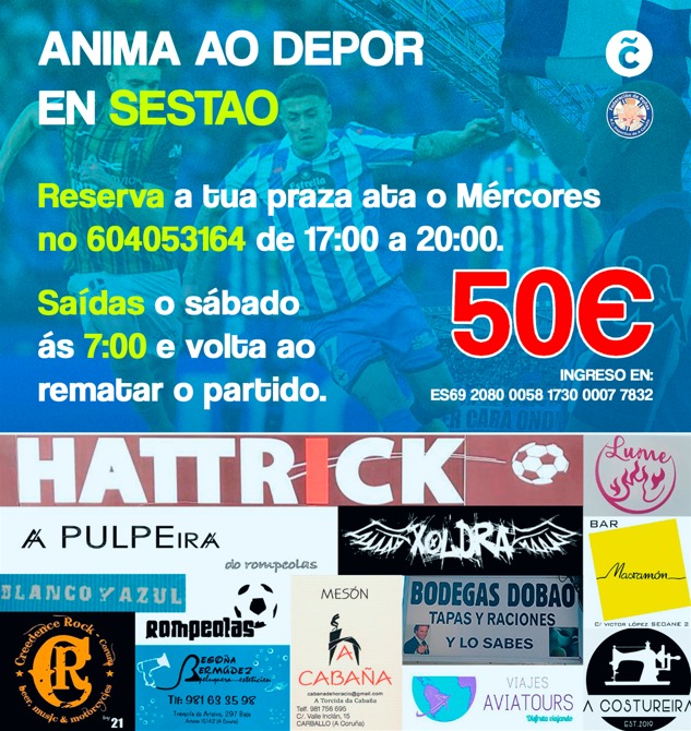 Viaxa coa Federación de Peñas a Sestao!! Quedan 4 finais e imos estar ao carón do equipo!! Anótate no teléfono da Federación ata o mércores no horario do cartel e no teléfono que aparece. Viaxe ida e volta no mesmo día!Xuntas e xuntos polo noso escudo! Fórza Dépor!!💙🤍💙🤍💙🤍🍍