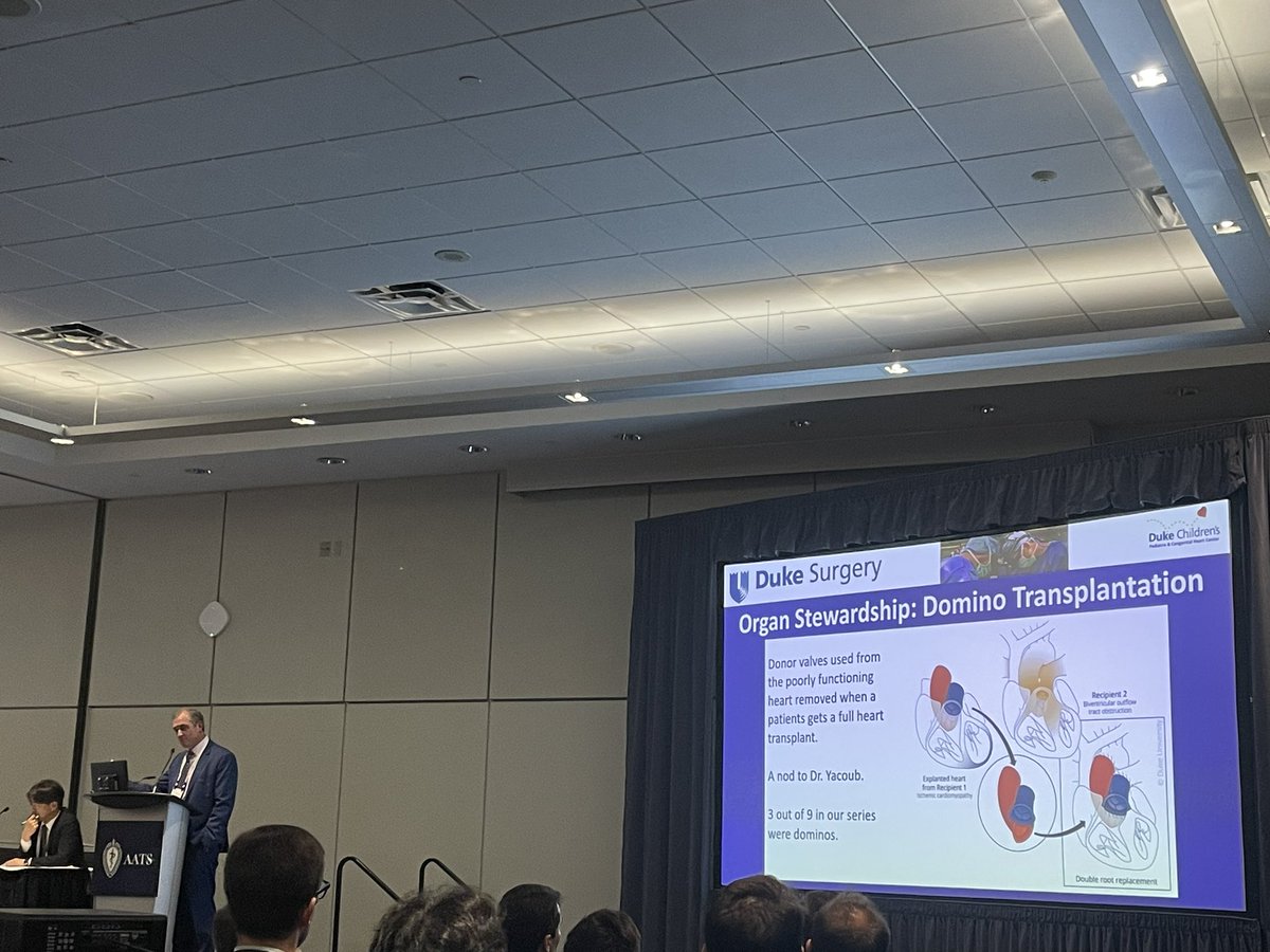 On the heels of Dr. Magdi Yacoub: @TurekPedHearts presenting the @DukeCTSurgery @DukeSurgery experience with #domino partial heart transplantation 🎲 #AATS2024