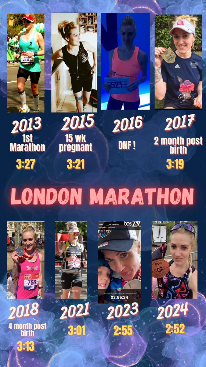 From 2013 to 2024- 11 years: 8x @LondonMarathon - 4 babies (now 6,7,8,9), faster each time. It CAN be achieved after pregnancy, with time, dedication, hard work, consistency & BELIEF #fasterwithage @UKRunChat  #postpartum #mumoffour #marathontraining #marathonrunning