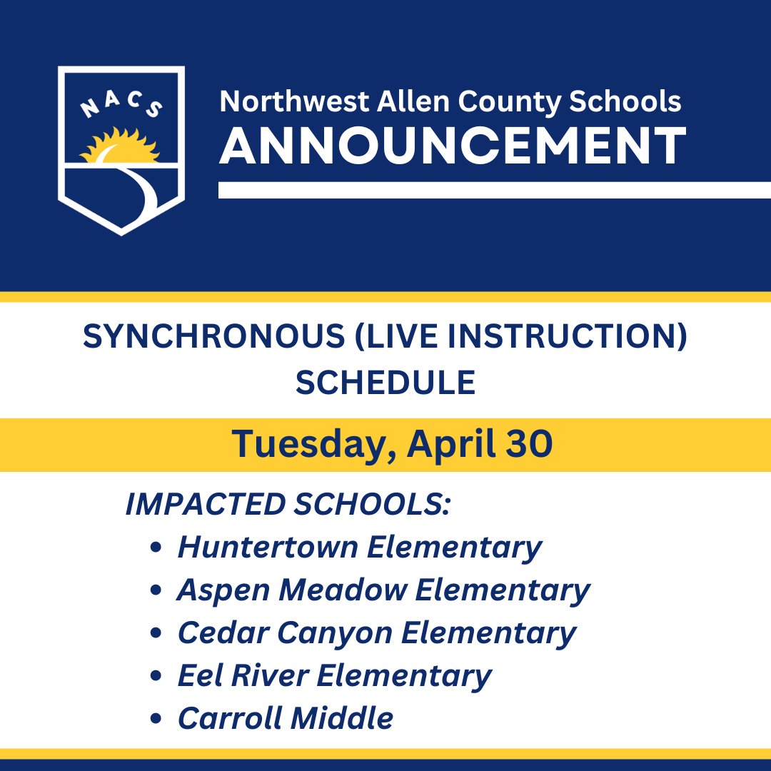 The boil water advisory issued remains in effect. NACS will be implementing a synchronous learning schedule on Tuesday 04/30 for schools impacted. Students will attend live class sessions through Google Meet. Please check your email for more info.