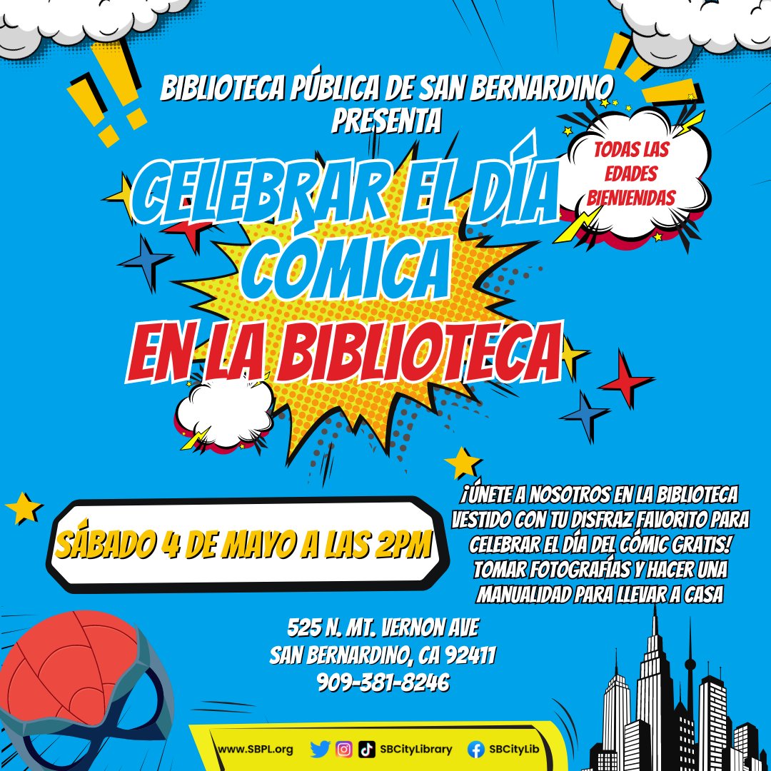 We hope to see you 5/4 at Villaseñor starting at 2pm for #FreeComicBookDay! It's #ComicCon at the #Library, so come dressed as your favorite character if you want, take pictures, and do some crafts. #SanBernardinoPublicLibrary #SanBernardino #SBPL #InlandEmpire #Proud2BeSB