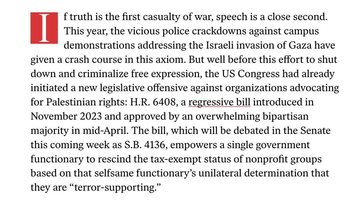The Nation: The Bipartisan War on Pro-Palestinian Activism -- A House bill asks the Treasury to revoke the nonprofit status of suspected “terrorist supporting organizations.” Advocates are already singling out Muslim and Palestinian groups.