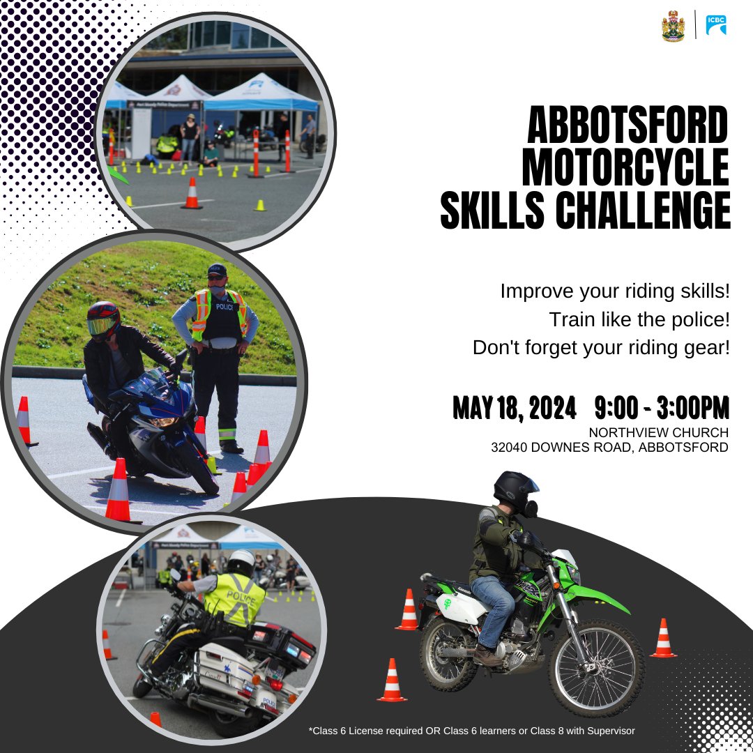 This free event will allow participants to navigate a skills course, get feedback from Police motorcycle riders and gain knowledge about motorcycle safety from our Traffic Enforcement Unit and ICBC. Register yourself here: eventbrite.com/e/abbotsford-m…