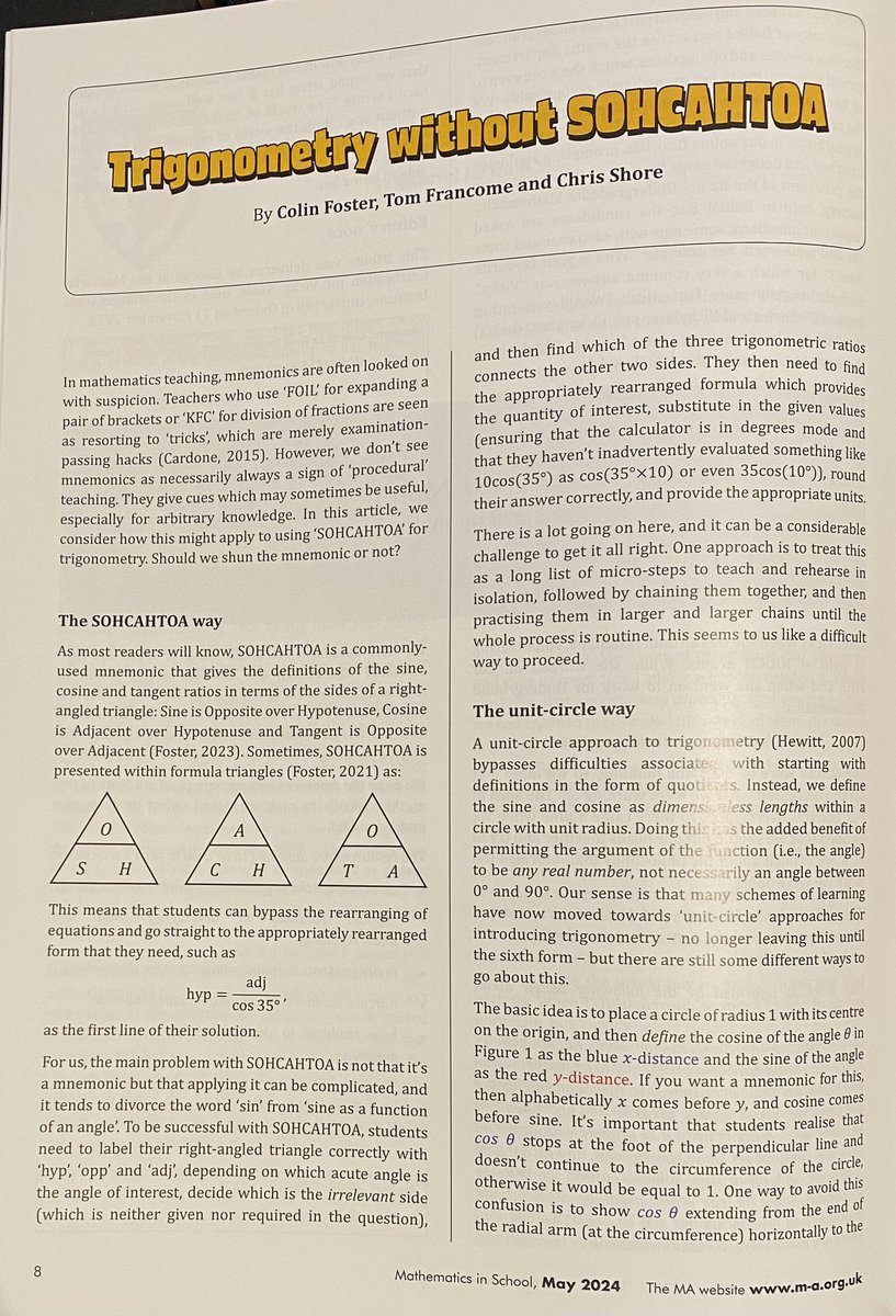 Trigonometry without SOHCAHTOA
New article in <a href="/Mathematical_A/">The Mathematical Association</a> journal arrived today with <a href="/colinfoster77/">Colin Foster</a> and <a href="/cjshore/">Chris Shore</a>
