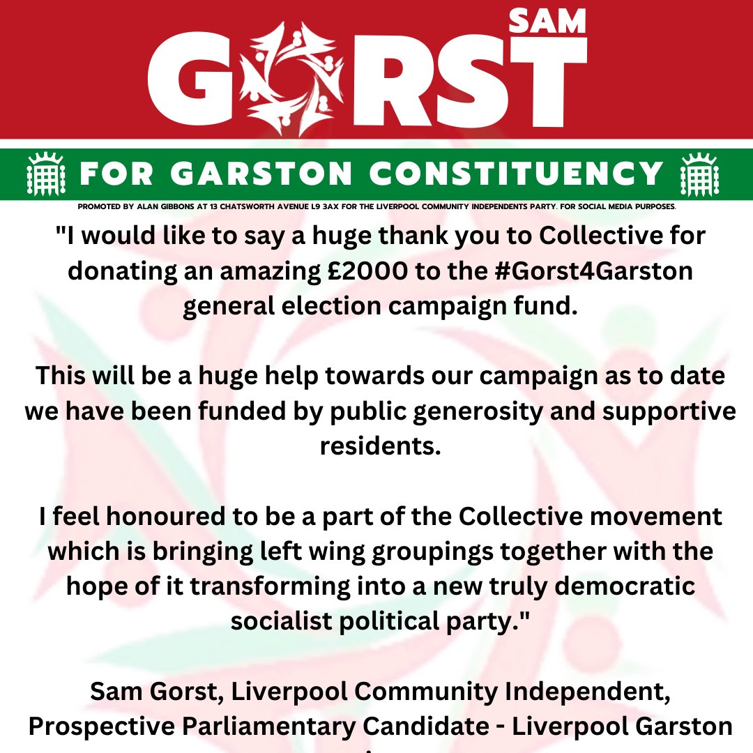 'I would like to say a huge thank you to #Collective for donating an amazing £2000 to the #Gorst4Garston general election campaign fund. This will be a huge help towards our campaign as to date we have been funded by public generosity and supportive residents. I feel honoured…