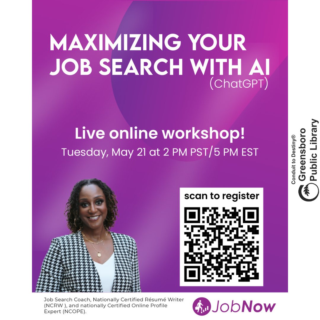 Join Ashley Watkins, a Nationally Certified Résumé Writer (NCRW) and Online Profile Expert (NCOPE), for this informative session. Registration: REQUIRED Scan the QR code or following this link: register.gotowebinar.com/register/10491… #jobseeker #jobsearch #workshop #freeworkshop #AI #ChatGPT