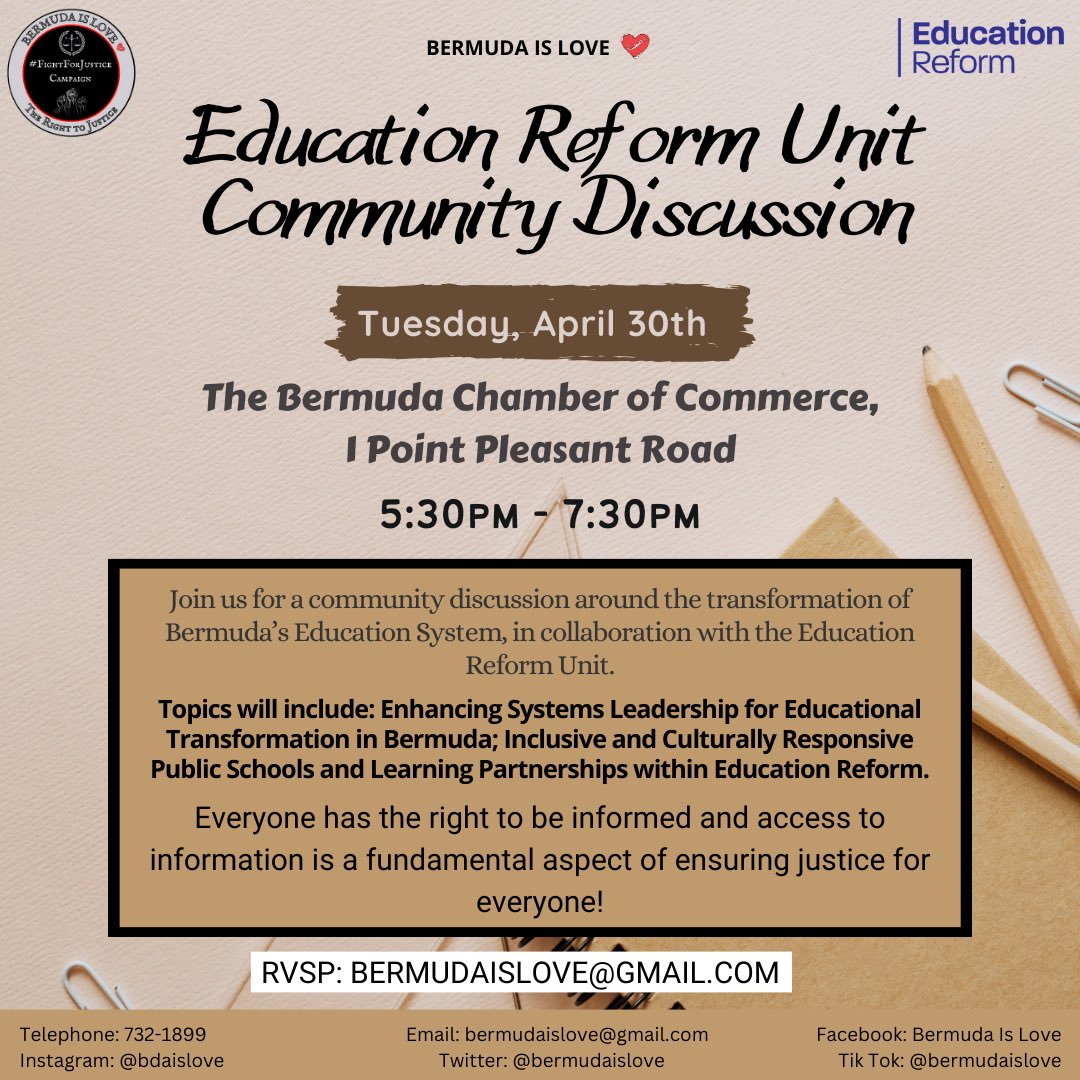 📢 Reminder: Tomorrow's discussion on Bermuda's education system is not to be missed! 📢   Join us at Bermuda Chamber of Commerce, 1 Point Pleasant Road, 6:00 PM - 7:30 PM. Let's shape the future of education together! #BermudaEducationReform #FightforJustice