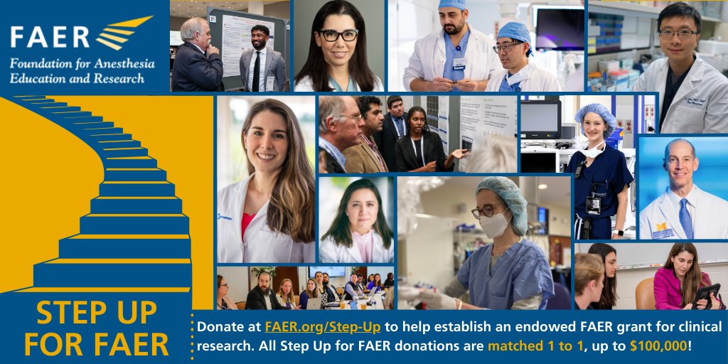 FAERanesthesia's tweet photo. Looking to support early career #anesthesiology investigators & want to maximize your donation’s impact? Look no further!
All #StepUpForFAER gifts are matched 1:1 up to $100K & will help establish an endowed #FAERgrant for clinical #research. Donate at https://t.co/fHMxI4Ees1! https://t.co/2Aa3GfGU2r