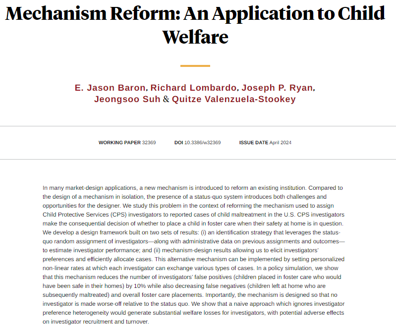NBER (@nberpubs) on Twitter photo Analyzing a mechanism for assigning CPS investigators to child maltreatment cases finds that the mechanism can reduce prediction mistakes by up to 10 percent, in a revenue-neutral way, from <a href="/JasonBaron4/">Jason Baron</a>, Lombardo, Ryan, Suh, and Valenzuela-Stookey nber.org/papers/w32369 Analyzing a mechanism for assigning CPS investigators to child maltreatment cases finds that the mechanism can reduce prediction mistakes by up to 10 percent, in a revenue-neutral way, from <a href="/JasonBaron4/">Jason Baron</a>, Lombardo, Ryan, Suh, and Valenzuela-Stookey nber.org/papers/w32369