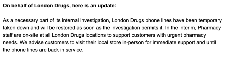 Another update from London Drugs. Phone system unplugged for the cyberattack investigation. #cdnpoli #bcpoli #tech #security