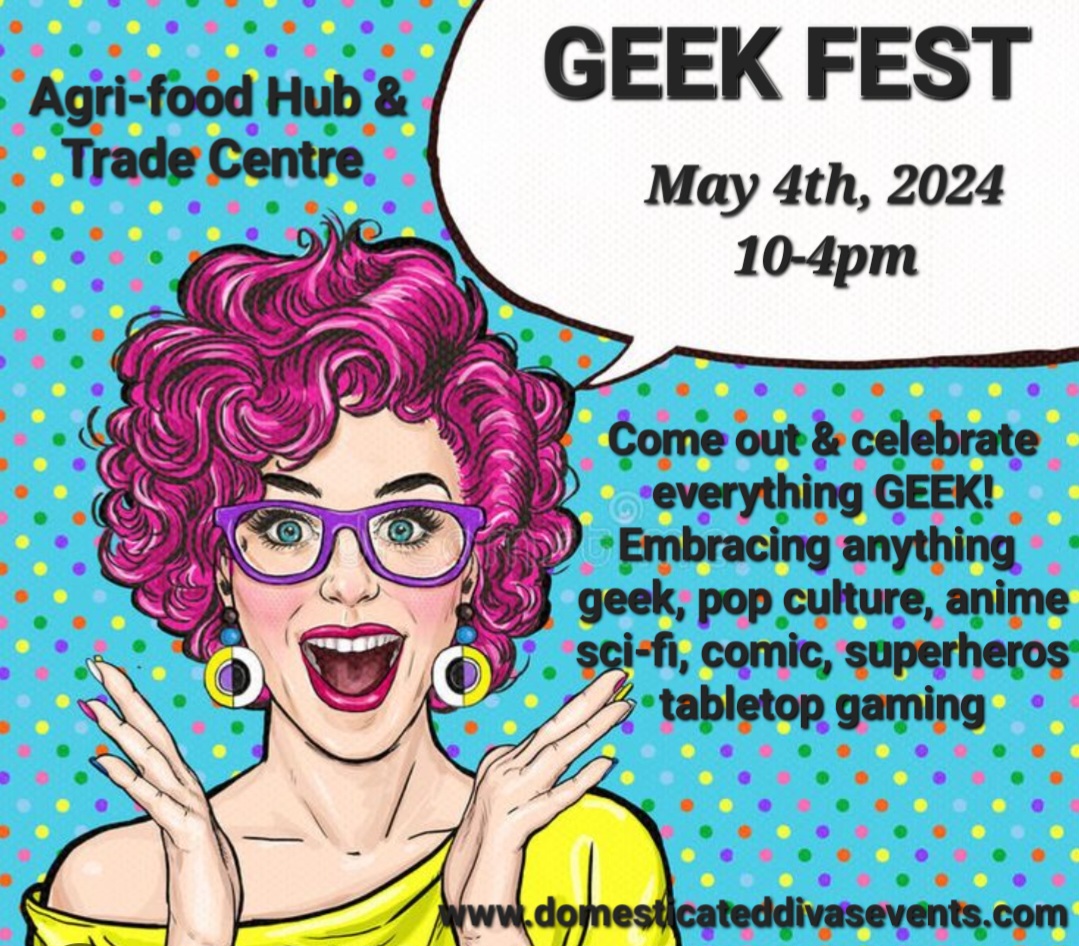 Check out Geek Fest happening this Saturday, May 4 at the Agri-food Hub & Trade Centre! 🤩 From 10 AM to 4 PM, explore businesses that embrace geek, pop culture, anime, sci-fi, comics superheroes, table top gaming and more! Learn more ▶️ agrifoodhub.ca/whats-on
