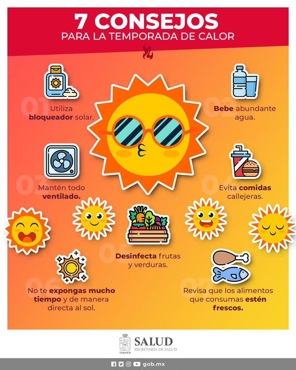 En esta #TemporadaDeCalor recuerda cuidar de tu salud. Toma tus precauciones y mantente protegid@. 💦Hidrátate constantemente 👚Viste ropa clara y ligera 🧴Utiliza protector solar 🌞Evita la exposición prolongada al sol