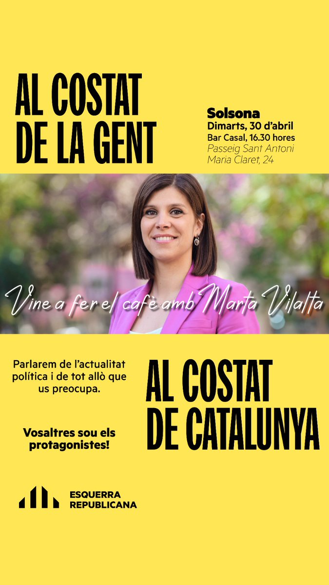 CAFÈ AMB  MARTA VILALTA ☕

Demà serem al Bar el casal per parlar amb @martavilaltat sobre l'actualitat política de Catalunya. 

👉Finançament just
👉Català
👉Reequilibri territorial
👉Referèndum

📝Us escoltem, vosaltres sou els protagonistes! 
#alcostatdelagent