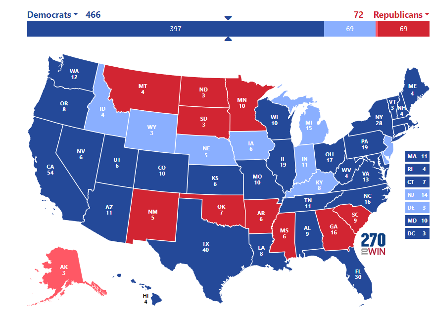 Not quite Nixon '72 but a good night. Light blue are states I drove through with no serious stops. I've changed planes in MN but never left the airport and dont count that.