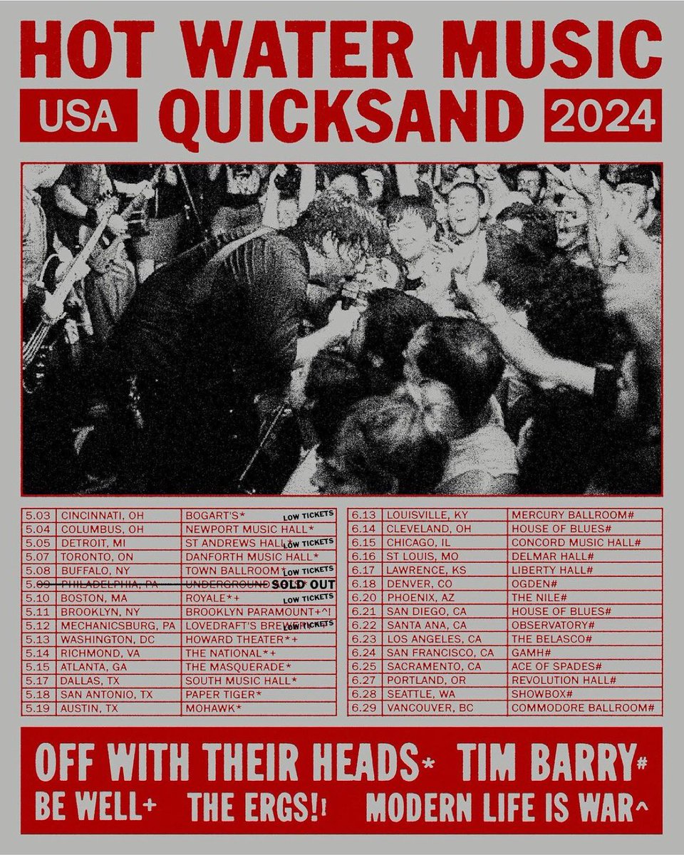 Hot Water Music and Quicksand are heading out for a full US and Canada tour starting this week! Some dates are sold out and several cities have low tickets, so grab them now! They'll be joined by: Off With Their Heads, Tim Barry, Be Well, The Ergs!, and Modern Life is War.