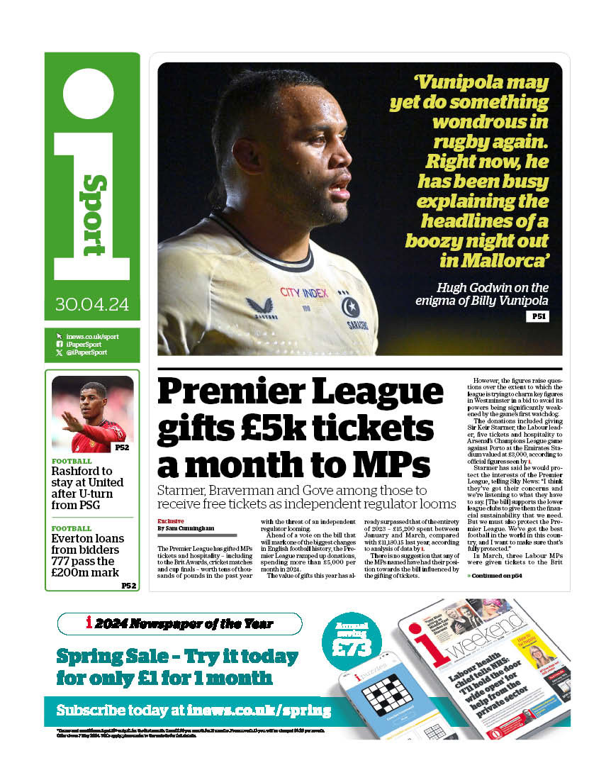 i Sport: @PremierLeague gifts £5k tickets a month to MPs #TomorrowsPapersToday