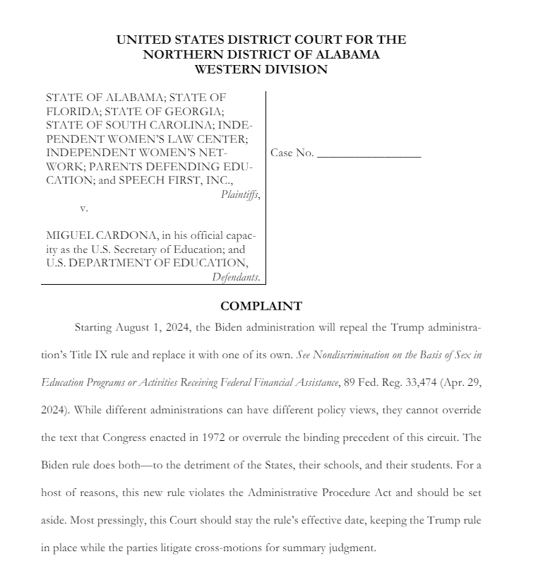 Florida is definitely fighting back.

Under @GovRonDeSantis & @AGAshleyMoody, FL has today filed a legal complaint challenging the Biden Admin on the Title IX changes (together with AL, GA, SC & others).

Read the full complaint here: myfloridalegal.com/sites/default/…