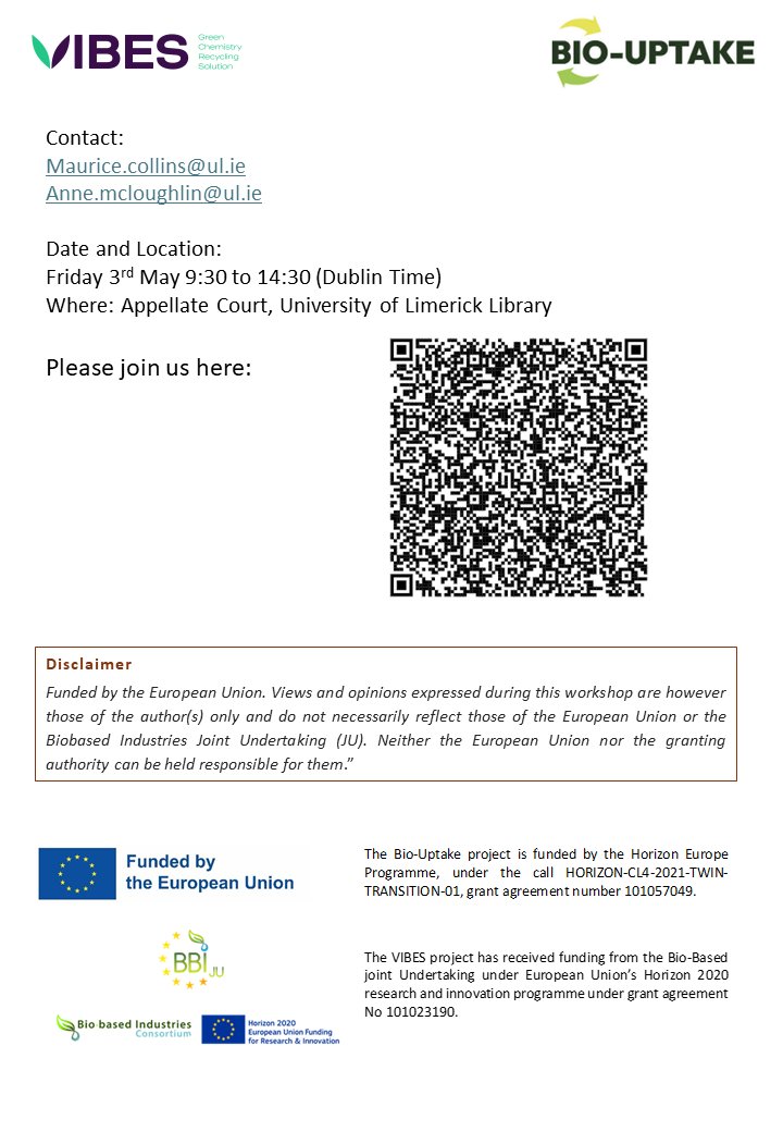 Prof Maurice N Collins FRSC FIMMM (@profmncollins) on Twitter photo Join us Friday May 03 in person at Appleate Court in UL library and online for a workshop on sustainable composites, see agenda (for a wonderful list of composite expert speakers) below and QR code to join online. <a href="/BioUptake/">Bio Uptake</a> <a href="/VIBESEU2/">VIBES Project 2021- 2025</a> <a href="/CBE_JU/">Circular Bio-based Europe Joint Undertaking</a> <a href="/sci_engUL/">Faculty of Science & Engineering | UL</a> @EngineeringAtUL Join us Friday May 03 in person at Appleate Court in UL library and online for a workshop on sustainable composites, see agenda (for a wonderful list of composite expert speakers) below and QR code to join online. <a href="/BioUptake/">Bio Uptake</a> <a href="/VIBESEU2/">VIBES Project 2021- 2025</a> <a href="/CBE_JU/">Circular Bio-based Europe Joint Undertaking</a> <a href="/sci_engUL/">Faculty of Science & Engineering | UL</a> @EngineeringAtUL