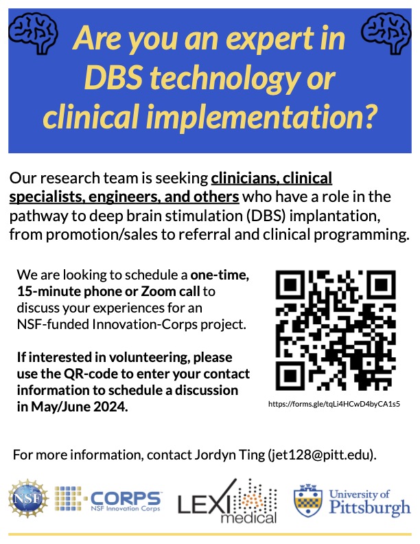 Our team at @PittTweet is participating in the NSF’s Innovation-Corps training program this spring. If you or someone you know has expertise in/uses a DBS system, please reach out via email or QR-code below (lnkd.in/eM-YRjiM) to volunteer for a quick call with us!