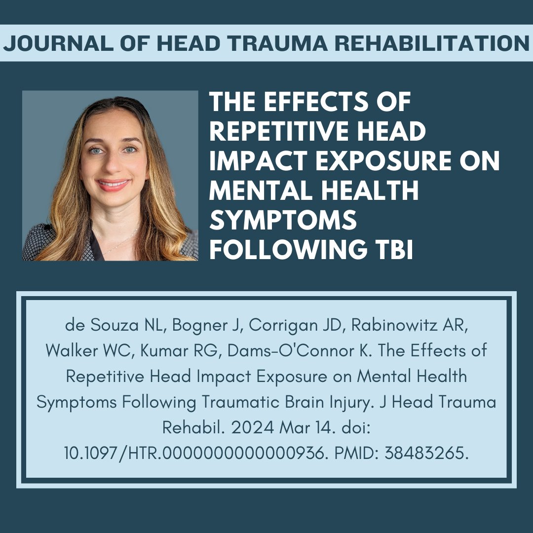 [1/3] Congratulations to Dr. @nickydesouza, ARRT Postdoctoral Fellow, for her publication in @JHTRonline! This study highlights the need for preventive measures & ongoing care to mitigate the risks of repetitive head impacts after TBI, especially regarding falls or violence/abuse