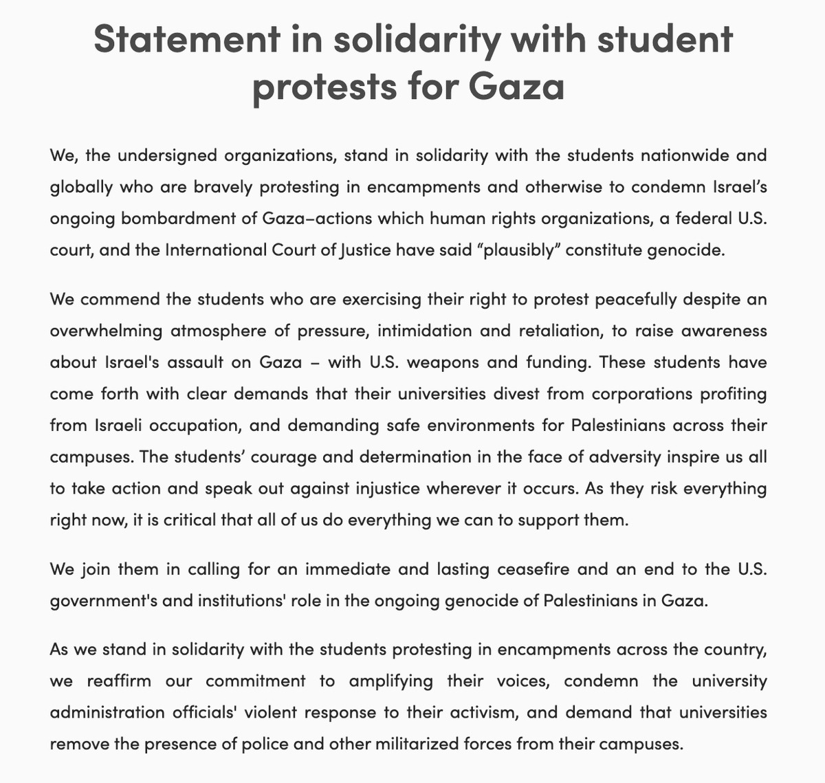 187 religious & human rights groups release statement supporting students protesting war on Gaza amid 'pressure, intimidation and retaliation.' Signers include US Campaign for Palestinian Rights, MPower Change, Jewish Voice for Peace, Veterans for Peace, Hindus for Human Rights.