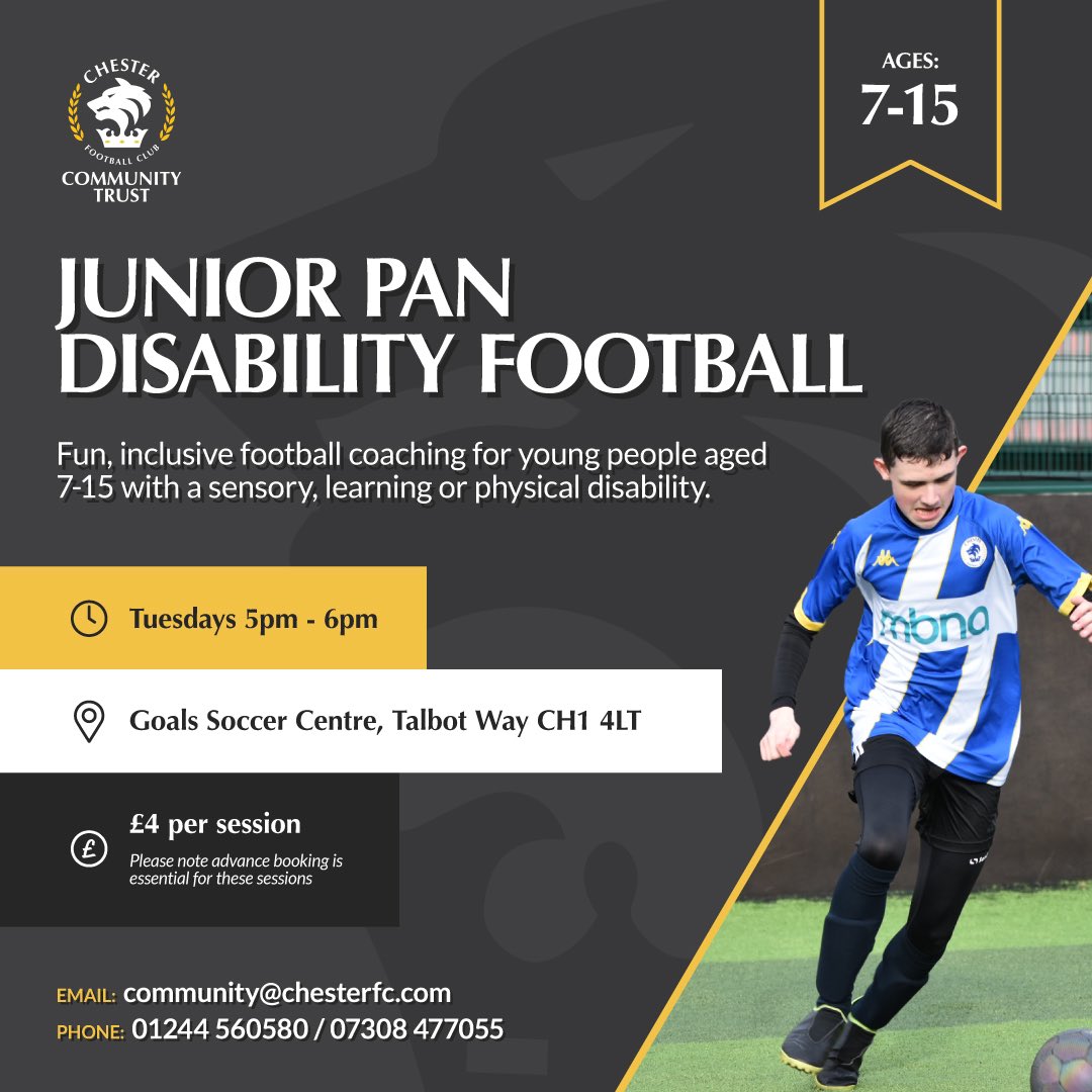 𝗣𝗮𝗻-𝗗𝗶𝘀𝗮𝗯𝗶𝗹𝗶𝘁𝘆 𝗙𝗼𝗼𝘁𝗯𝗮𝗹𝗹 Do you know a young person with a sensory, learning or physical disability, who loves football? ⚽ Our inclusive sessions for ages 7-15 take place on Tuesdays and new players are always welcome. Book here ➡️ bit.ly/3Pt8sbe