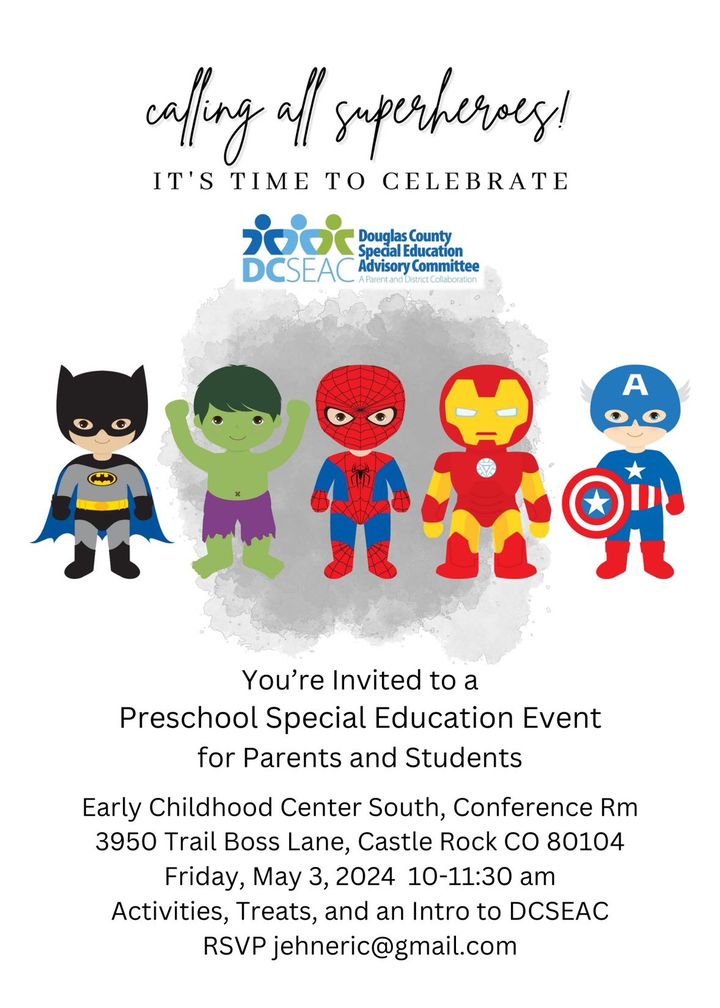 📣 Calling all preschool parents! Join DCSEAC for a special event on Friday, May 3 from 10-11:30 am at the Early Childhood Center South! Don't miss out on this wonderful opportunity to connect and engage with other parents!