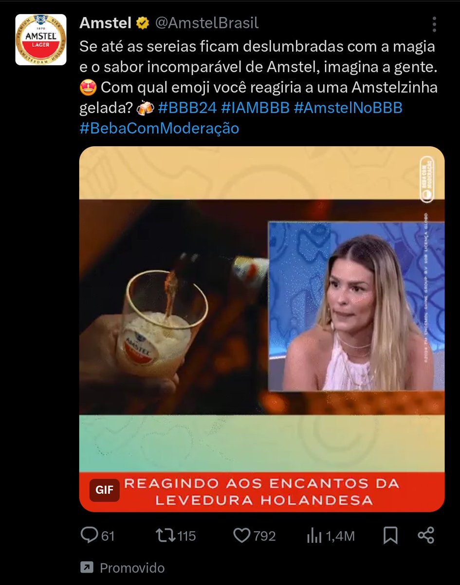 A @AmstelBrasil tá literalmente criando e patrocinando conteúdo falso usando o Bate Papo @bbb com a @yasminbrunet1? Complicado heim...