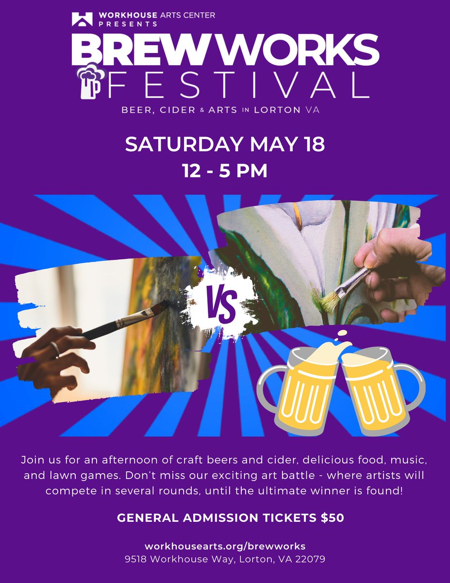 Visit the Workhouse Arts Center on Saturday, May 18, from 12-5 p.m. and sample microbrews, cider, wine, and spirits! Enjoy delicious food, music and lawn games and don’t miss the exciting art battle 🎨 Learn more: bit.ly/3zN53eu