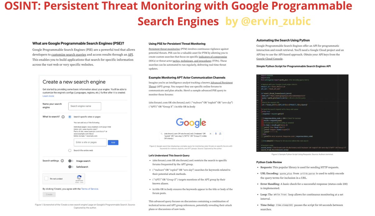 OSINT: Persistent Threat Monitoring with Google Programmable Search Engines (by @ervin_zubic ) - Using PSE for Persistent Threat Monitoring - Monitoring APT Actor Communication Channels - Simple #Python Script for Programmable Search Engines API publication.osintambition.org/osint-persiste…