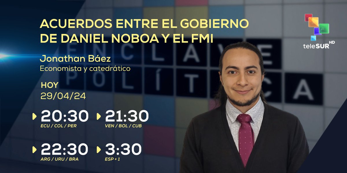 No te pierdas está noche #ENCLAVEPOLITICA estaremos conversando con: Jonathan Báez, Economista y Catedrático, sobre: Acuerdos entre el Gobierno de Daniel Noboa y el FMI