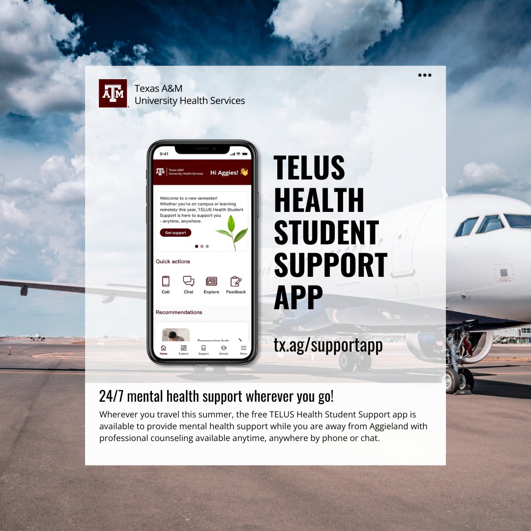 Enjoy 24/7 mental health support wherever you go. Download the free app at tx.ag/supportapp.