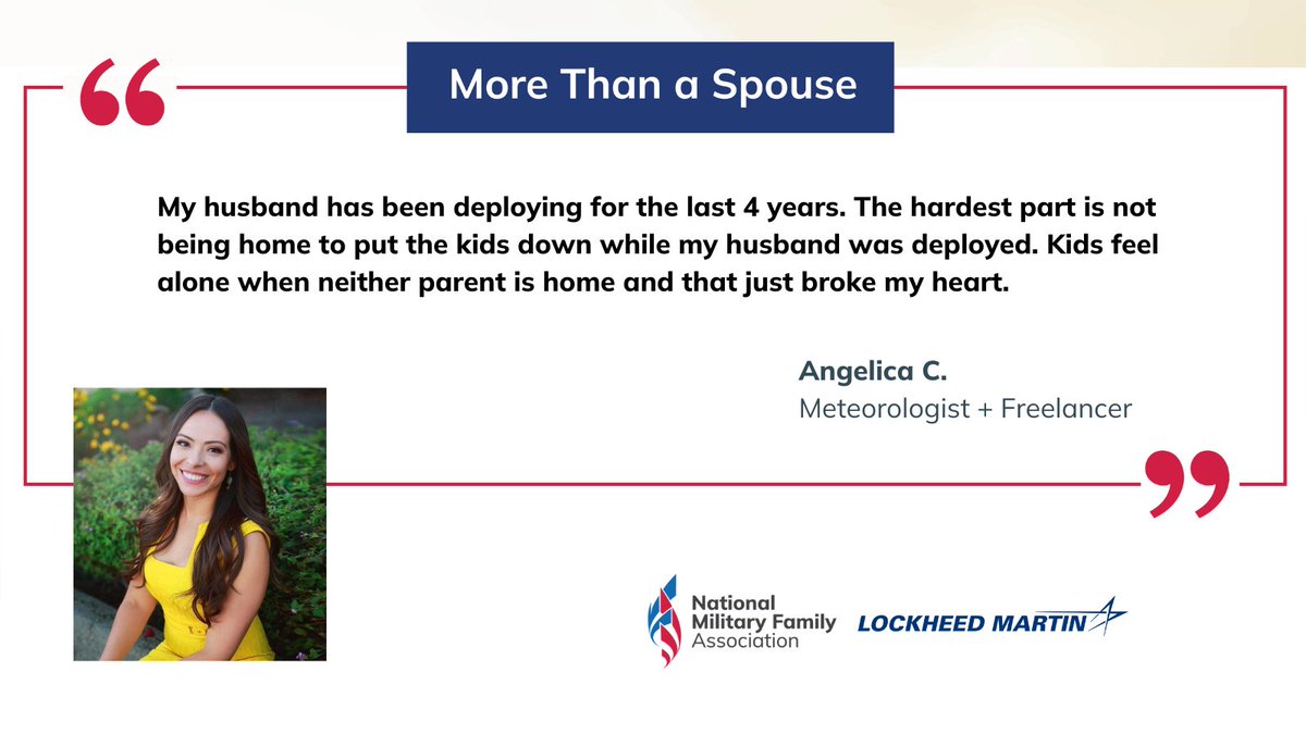 Marine Corps spouse Angelica C. loved her 16-year career as a broadcast meteorologist. 'I've had a great career, but it's hard to do it with my husband absent or late at work,' she shared. Share your #MoreThanASpouse story with us ➡️ loom.ly/M1hWBiE @LockheedMartin