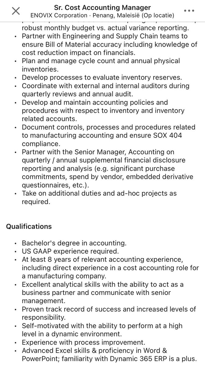 $ENVX 🇲🇾 Penang is looking for a Sr. Cost Accounting Mgr to…
▪️ provide insight in all aspects of Enovix’s actual (!) & planned gros margin results
▪️ develop inventory costing method & related labor & overhead allocation for the first commercial product 
linkedin.com/jobs/view/3913…