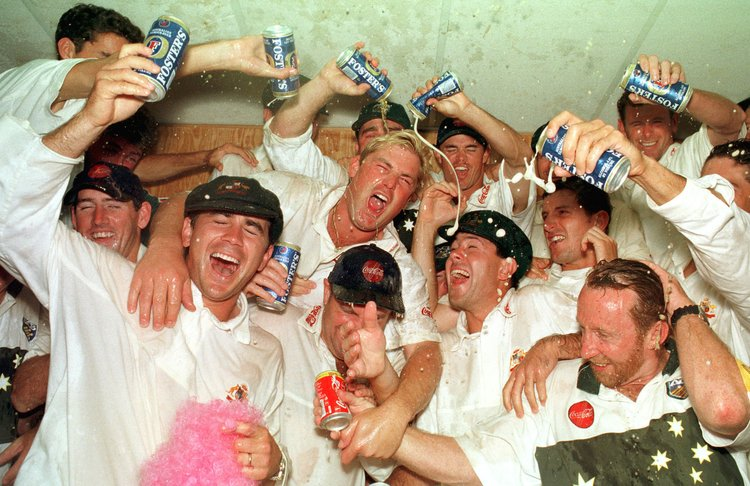 The Australian team celebrate in the dressing room after winning the 4th Test at Leeds, July 28th 1997 (Philip Brown)