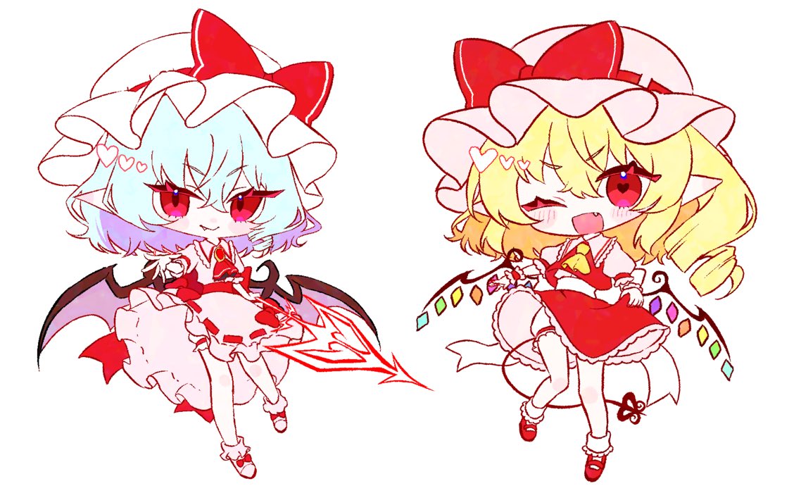 flandre scarlet ,remilia scarlet looking at viewer smile open mouth short hair simple background shirt skirt  illustration images