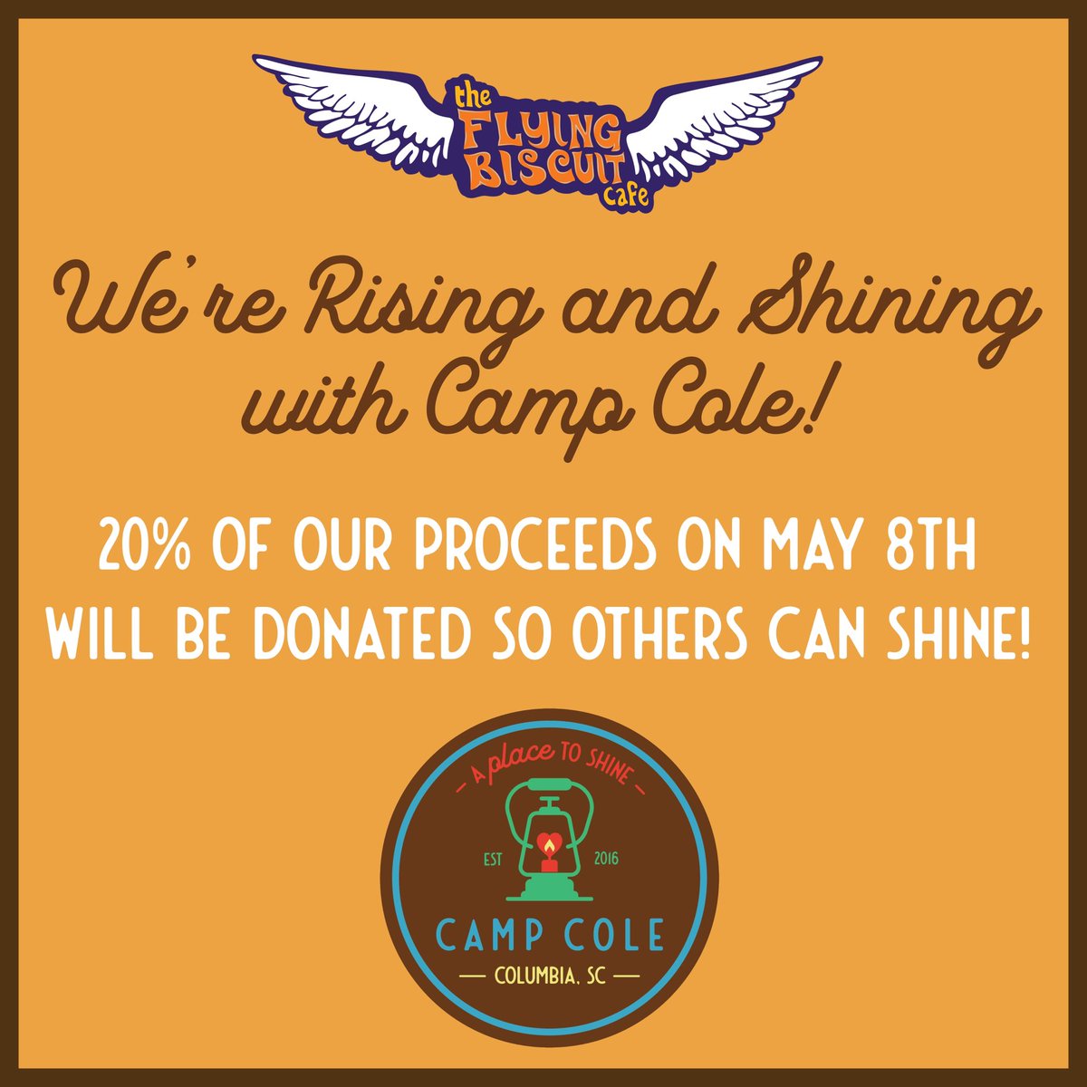 Join us next Wednesday, May 8th as a portion of our proceeds will go to @CampColeSC.
