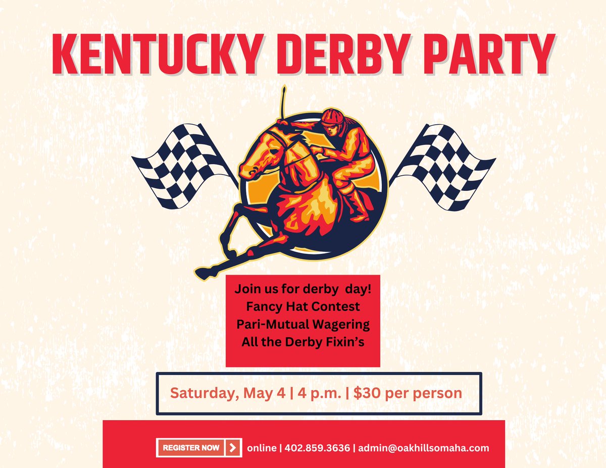 Saddle up and dust off your most dapper hats, because it's time to trot over to our Kentucky Derby extravaganza! Whether you're a seasoned derby enthusiast or just looking for a reason to sip mint juleps, this is an event you won't want to miss. Register: oakhillscountryclub.org