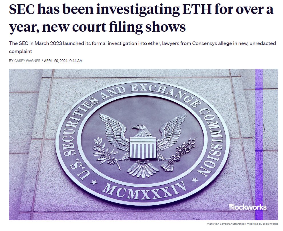 SEC has been investigating Ethereum $ETH for over a year according to a new court document