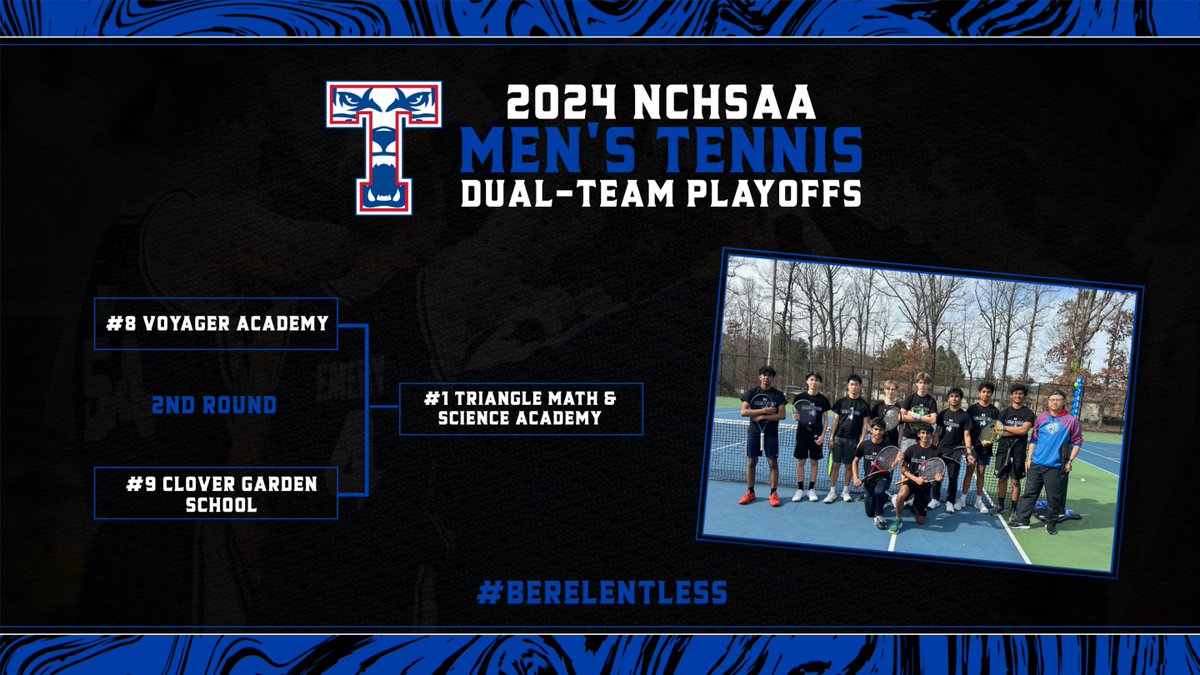 🎾 MEN'S TENNIS - DUAL-TEAM 🎾

Triangle Math & Science receive the #1 seed for the NCHSAA 1A East Dual-Team tournament. TMSA will play the winner of #8 Voyager Academy and #9 Clover Garden School in the 3rd round at Ting Park on May 8th at 4:30 PM.

#BeRelentless 🐅