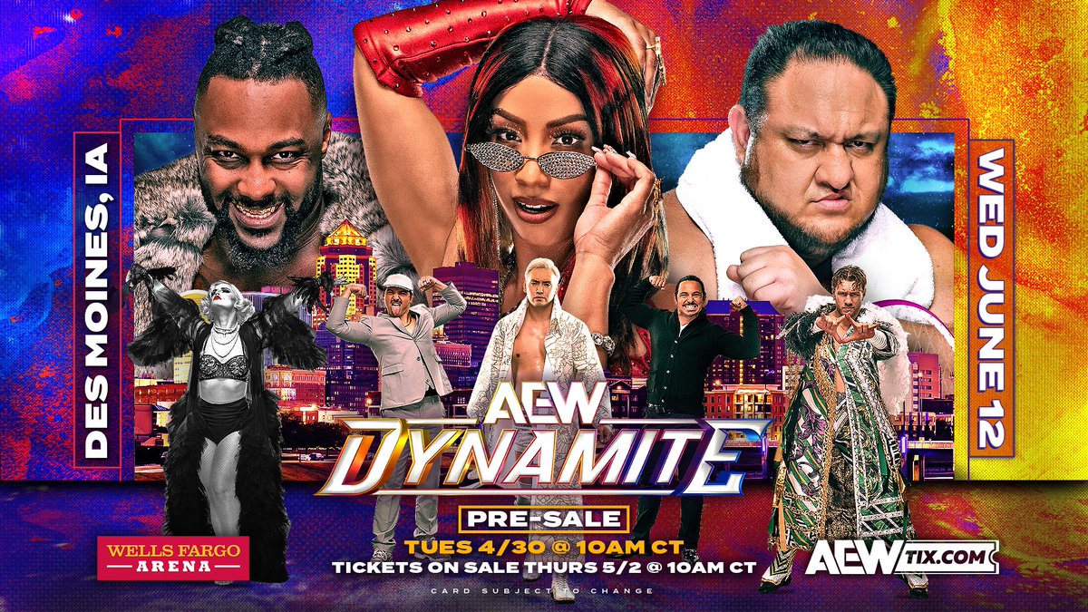 Presale for @AEW Dynamite opens tomorrow, April 30 at 10AM! 💥👊 Join our IEC Cyber Club and receive an exclusive presale code to secure your tickets before they go on sale this Thursday! #LiveFromDSM #AEW Join the club here 👉 bit.ly/3GSOHow