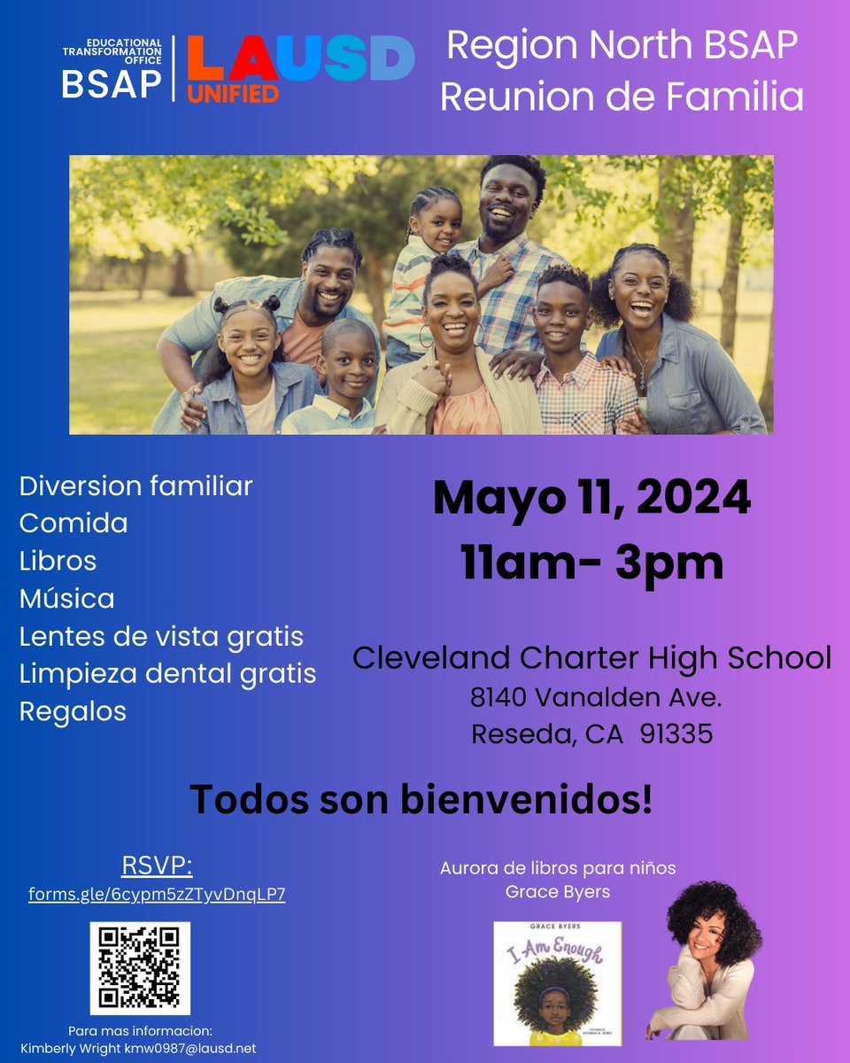 Join us on May 11 for a special @bsap_lausd FamilyReunion at @clevelandcharterhighschool. #RSVP now! #ReadyfortheWorld #RegionNorth forms.gle/6cypm5zZTyvDnq…