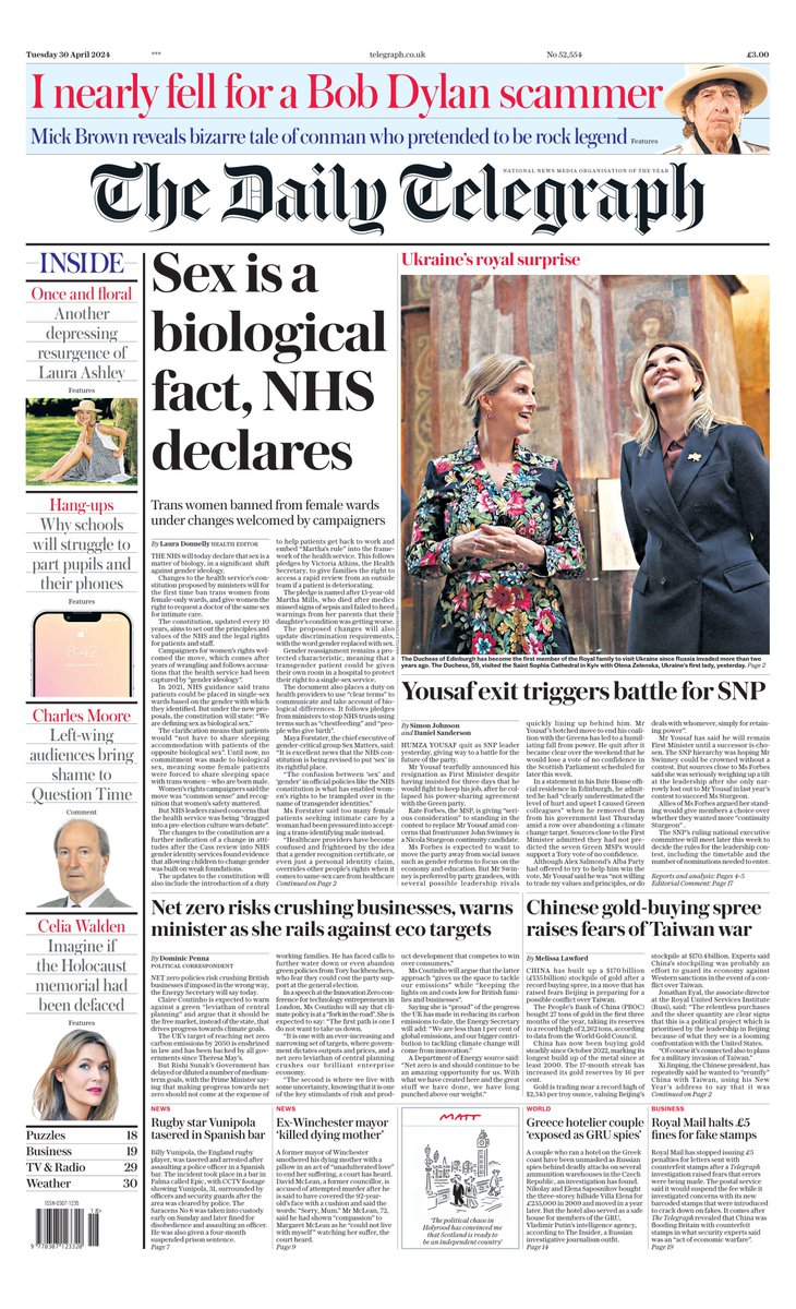 sgfmann's tweet image. The Daily Telegraph: Sex is a biological fact, NHS
declares #TomorrowsPapersToday