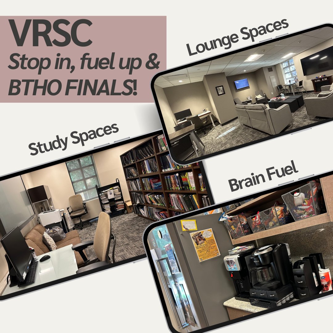 Stop by the VRSC for lounge spaces, study spaces, and free snacks!