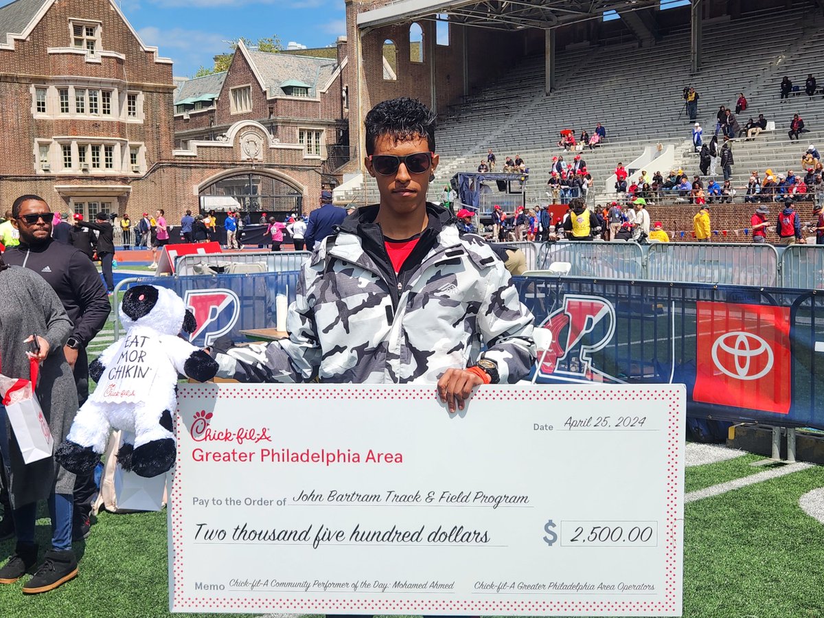 Mohamed A. Mohamed, a 12th-grade student at @JohnHigh, has been named the recipient of the @ChickfilA Student Athlete Community Award at the Penn Relays event. Chick-fil-A generously donated to the Track team and provided Mohamed with free food for a year! Congrats, Mohamed!