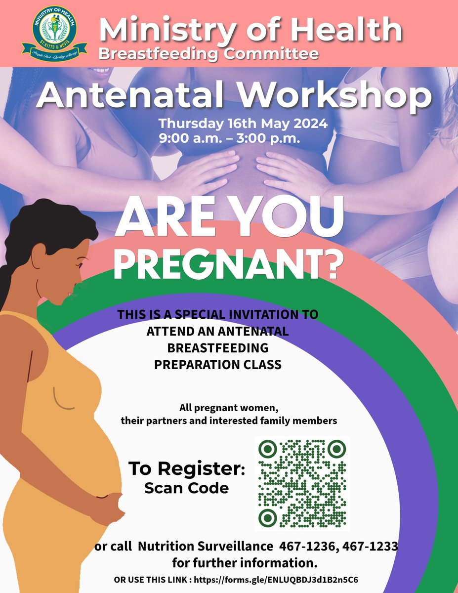 The Ministry of Health will be hosting an Antenatal Workshop on May 16, 2024. For more information, you can scan the code provided or call 467-1236 or 1233.