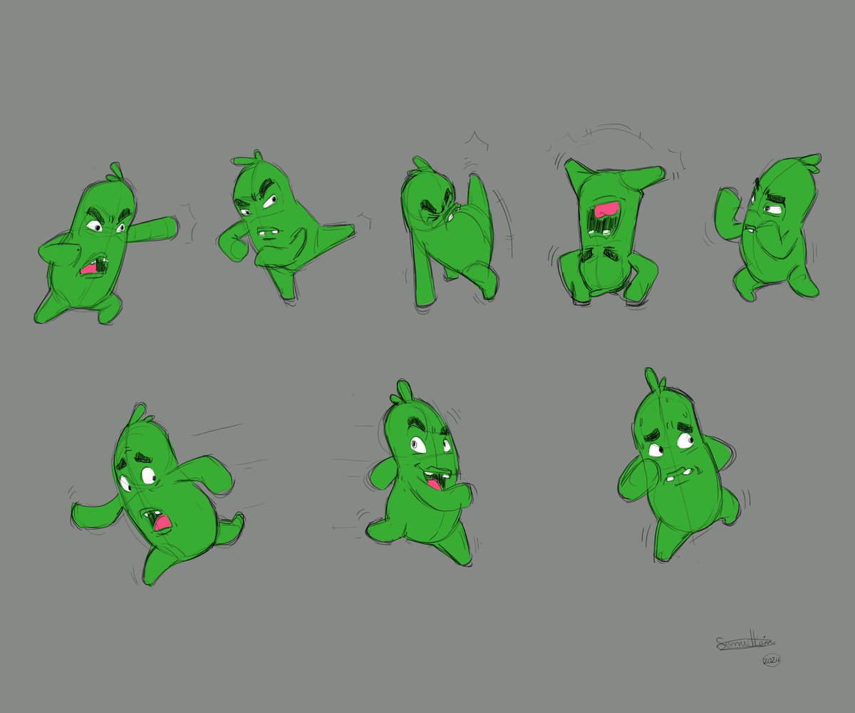 An additional expression/ action sheet for this round green character with fighting poses on a 3D video game project  . Thanks you Cissy for the feedback! (2024)
-
-
#animation #modelsheet #characterdesign #digitalart #artist #videogamedevelopment